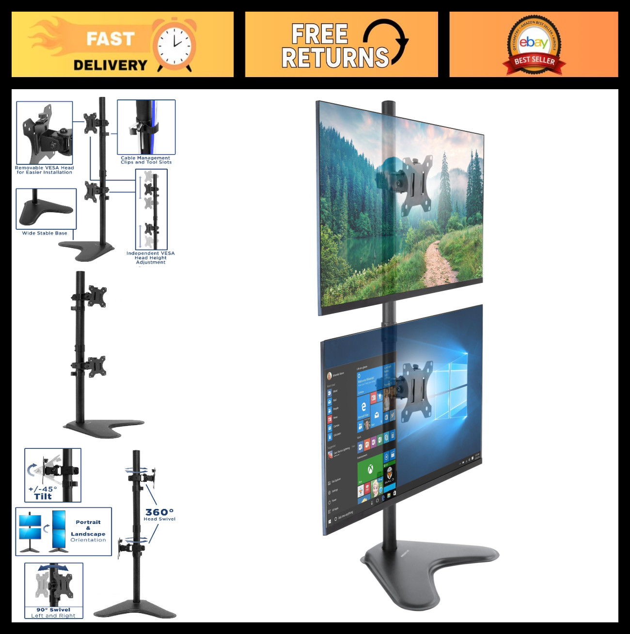 Vertical Dual Monitor Stand - Adjustable Desk Mount for 13-32" Screens, VESA, Er