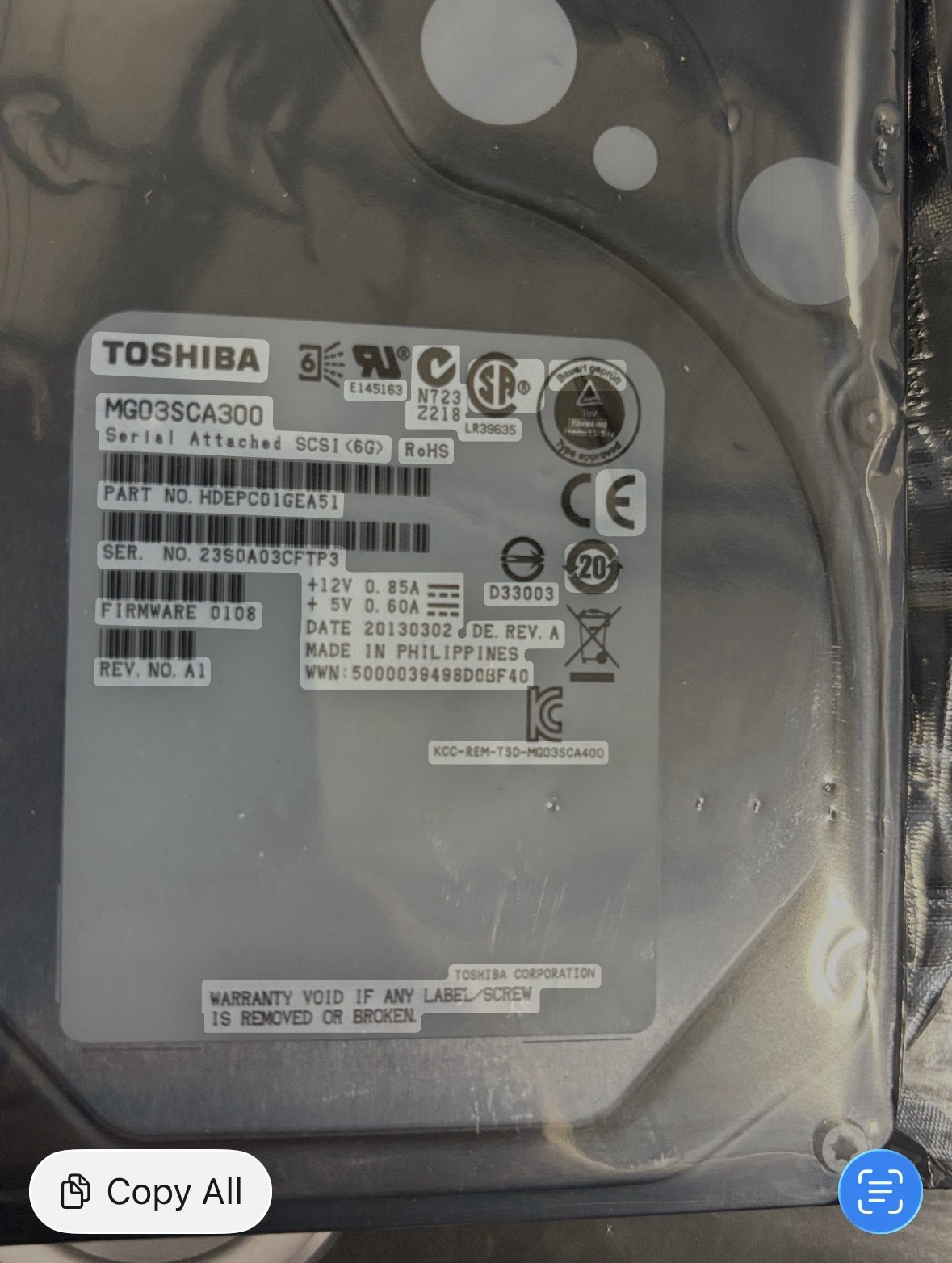 Toshiba MG03SCA300 3TB 3.5in SAS 6Gb/s HDD 7200RPM 64MB 512e