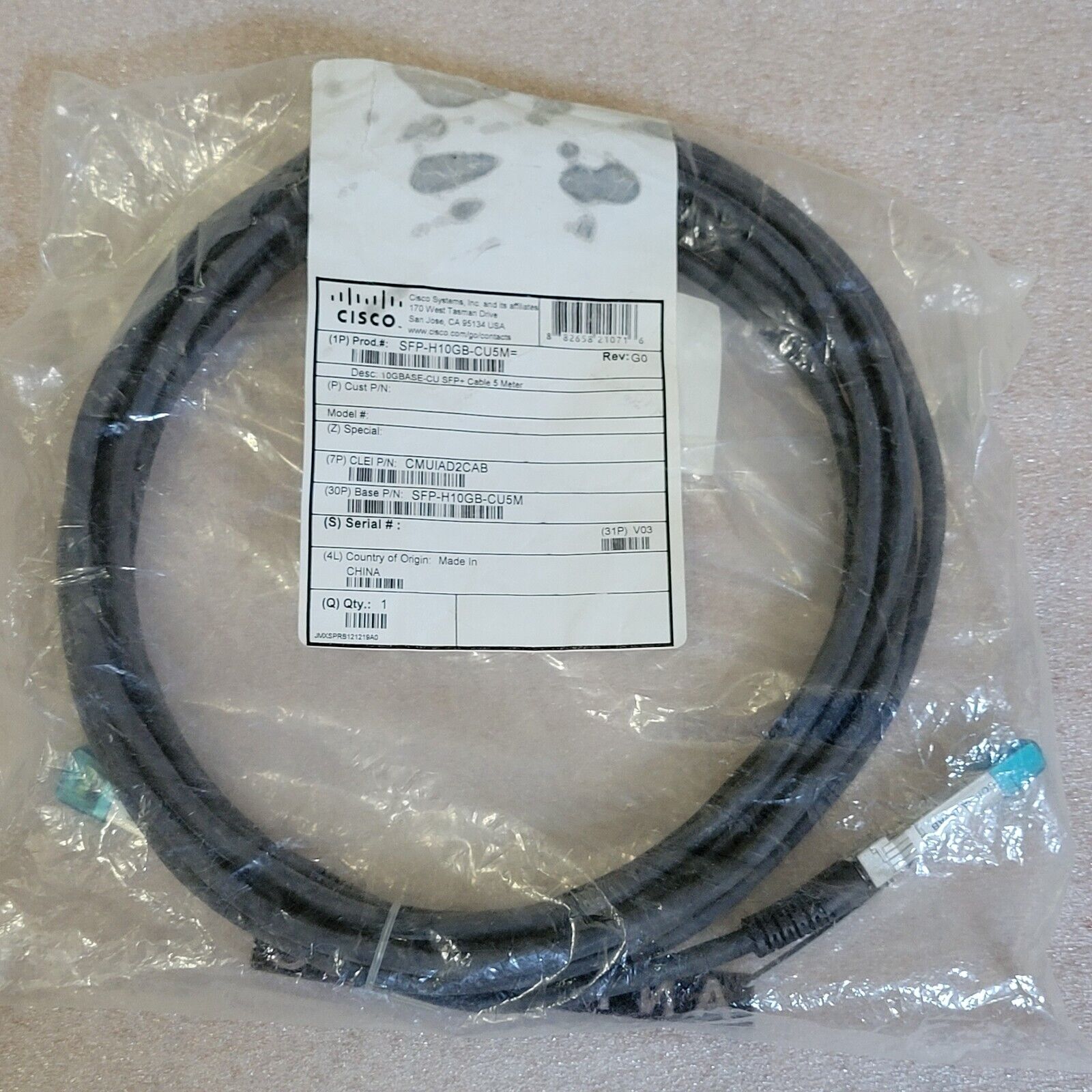 Genuine Cisco 10BASE-CU SFP Cable 5 Meter SFP-H10GB-CU5M - NEW