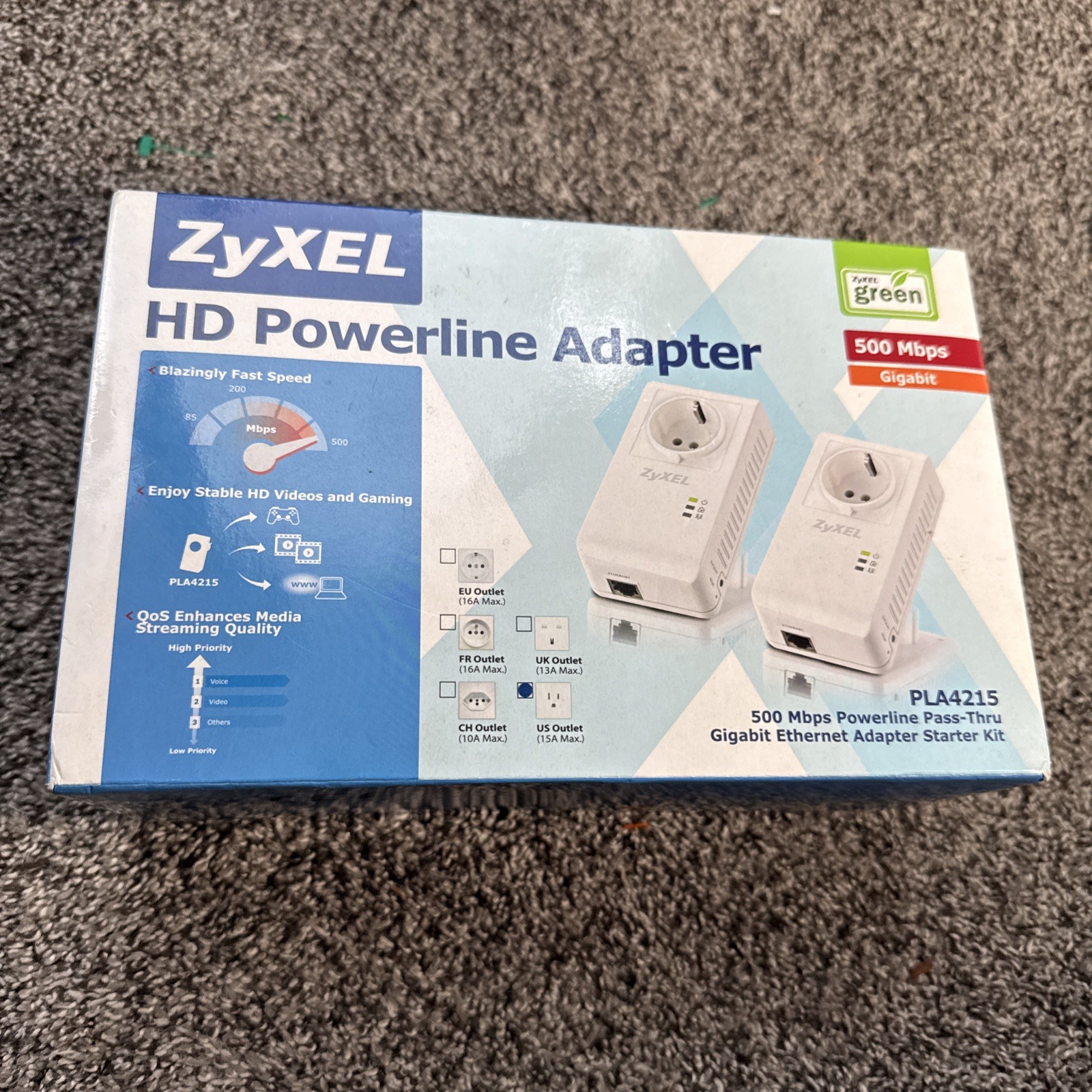ZyXel HD Powerline Pass-Thru Ethernet Network LAN Adapters Pair PLA4215 500 Mbps