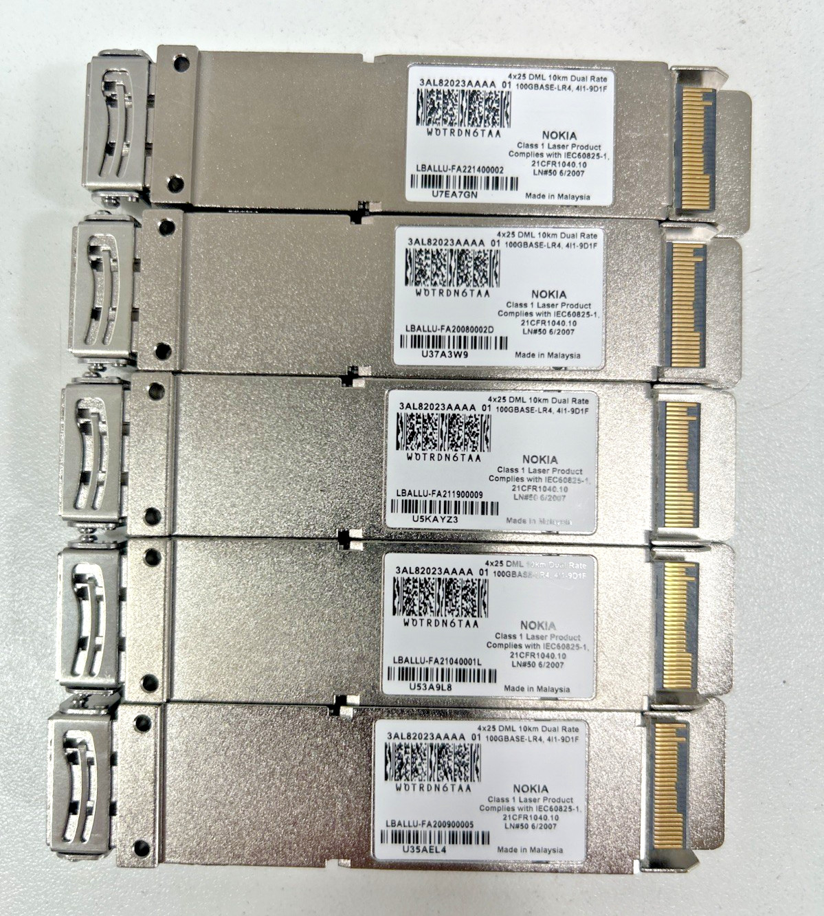 Lot of (5)Nokia 3AL82023AAAA 01 4x25G DML 10km Dual Rate 100gbase-LR4 WOTRDN6TAA