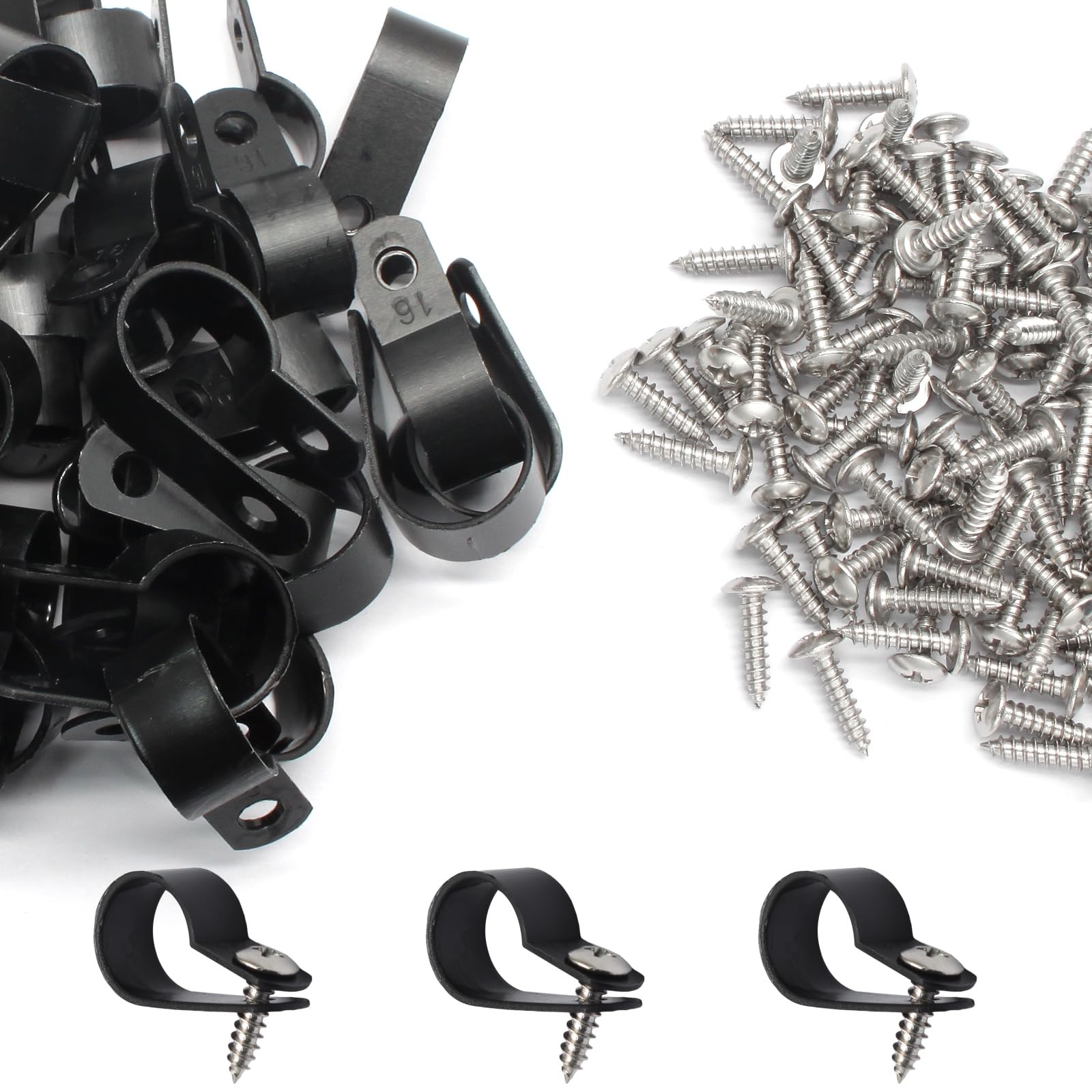 50 Pcs 5/8 Inch Black Nylon Screw Mounting R-type Cable Clip Wire Clamp, 16mm Ca