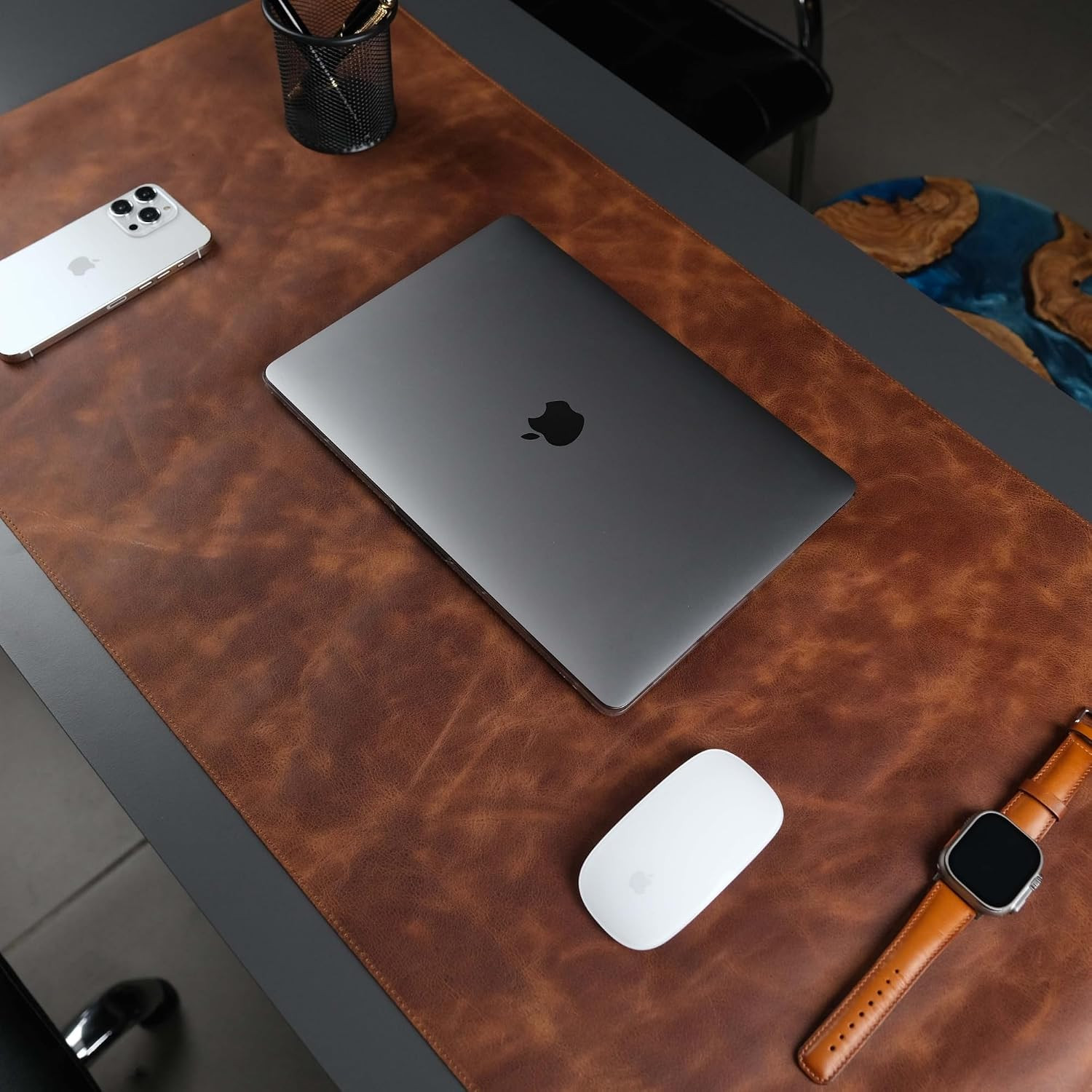 Jersey Genuine Calfskin Leather Desk Pad, Office Desk Mat with Non-Slip Bottom,