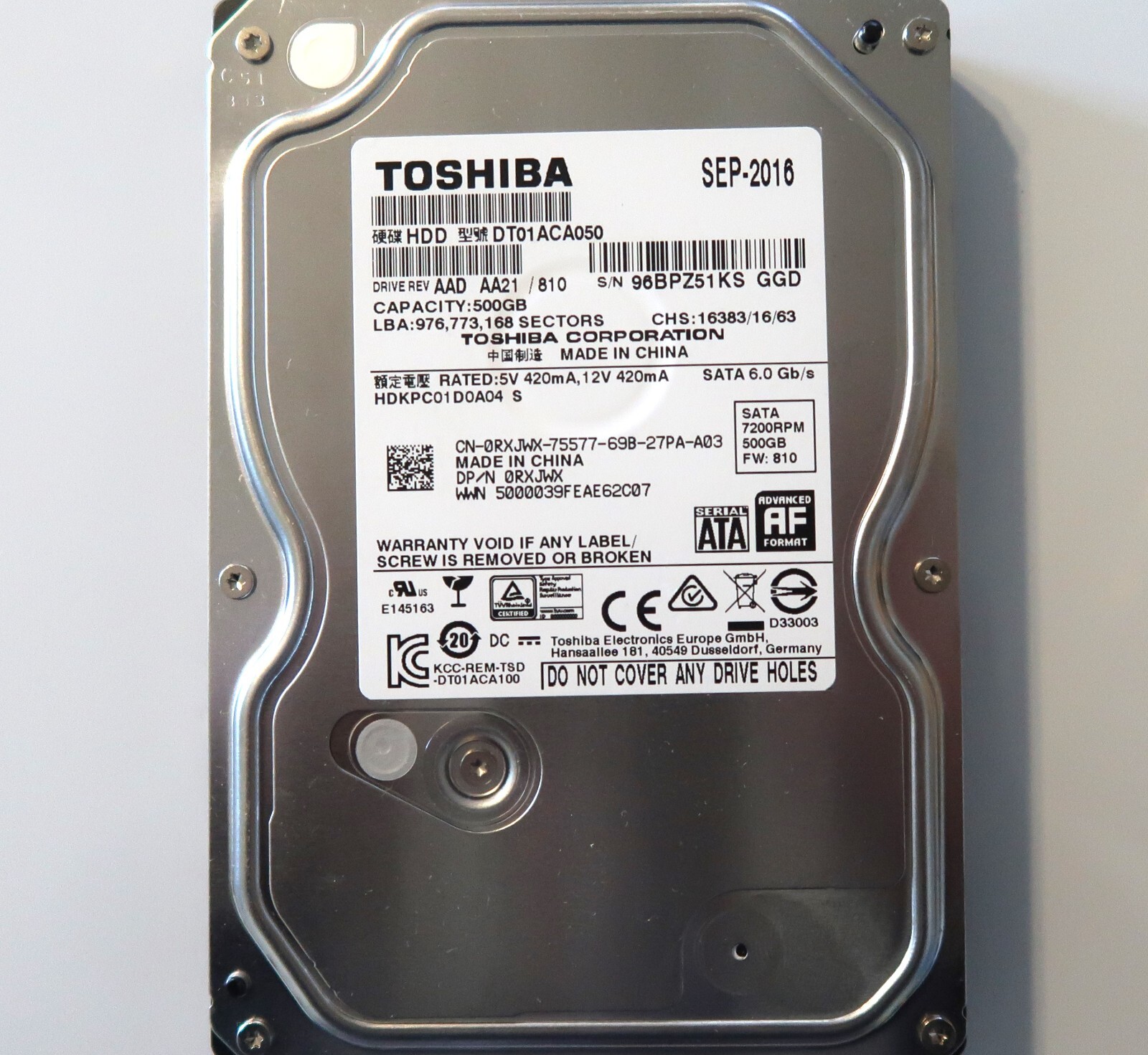 Toshiba DT01ACA050 (HDKPC01D0A04 S) AA21/810 (96B) 3.5" China Sata HDD 09-2016