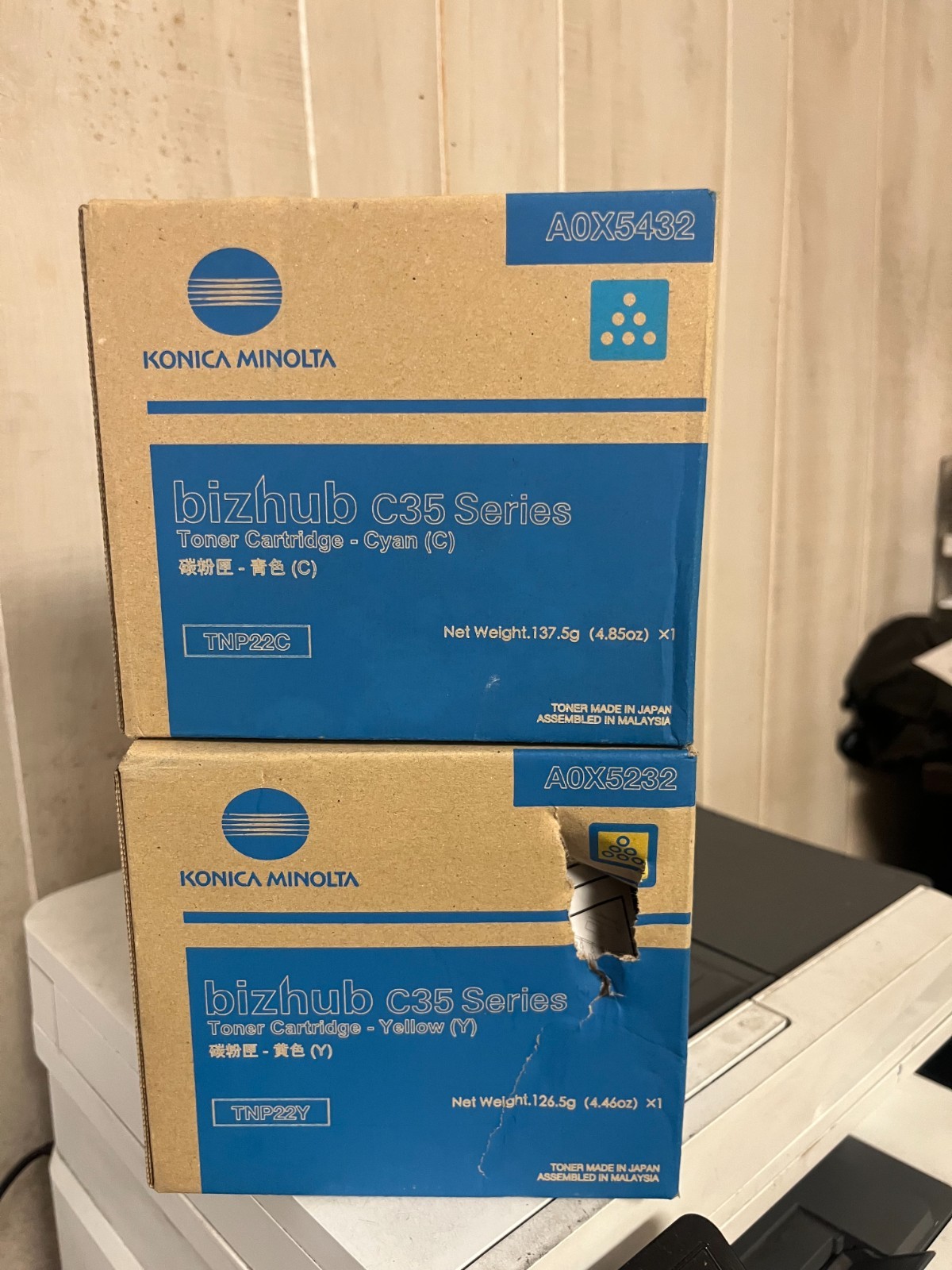 Lot of 2 - OEM Konica Minolta Bizhub C35,C35P TNP22 CY sealed box small tear