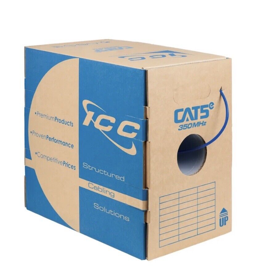 ICC Cat5e 1000ft -UTP24AWG , 100% Solid Pure Copper, Unshielded CMR, 350MHz Blue