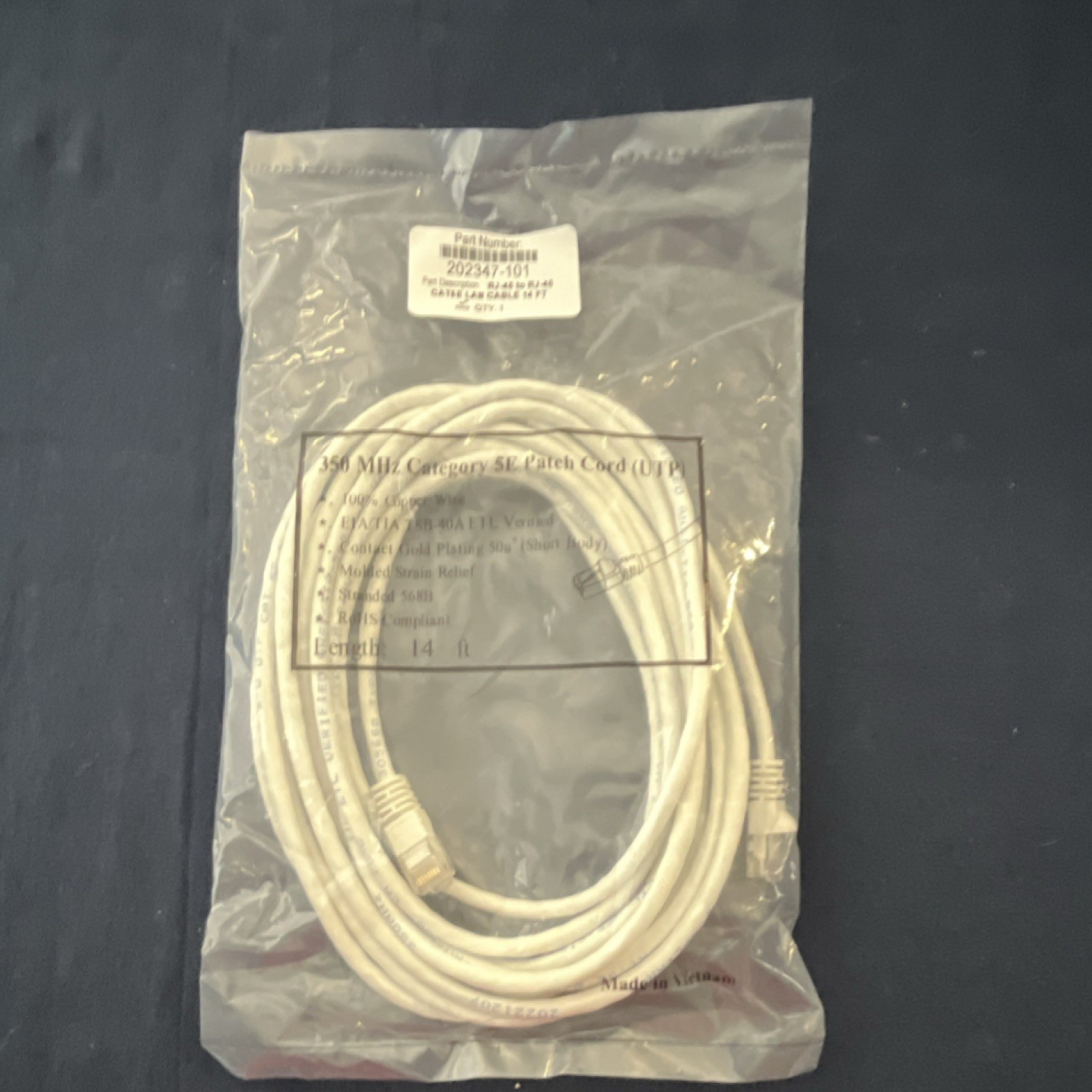 14 ft Ethernet Patch (RJ-45) Cable White Molded Strain Relief RJ-45 to RJ-45