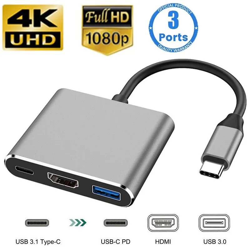 USB C HUB 3in1 Type C 3.0 to HDMI-compatible Docking Station PD Fast Charge 4K 