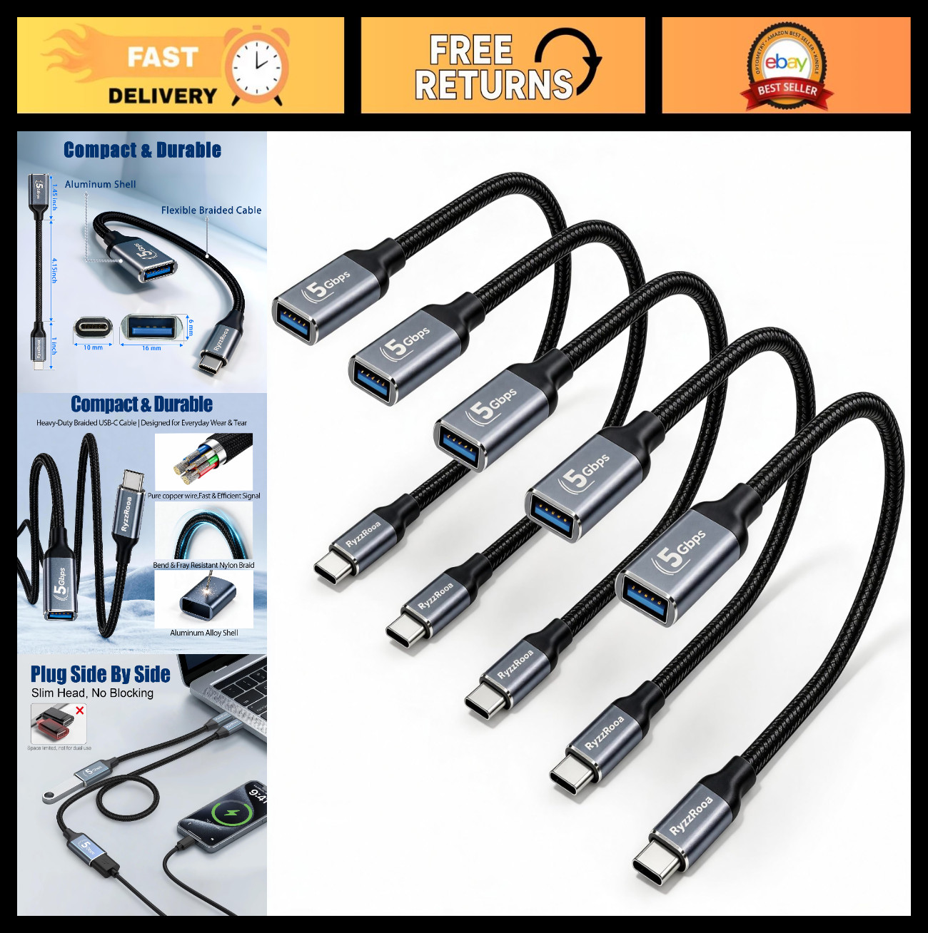 USB C to USB 3.0 Adapter 5-Pack 6inch, USB-C Male to USB Female Cable 5Gbps