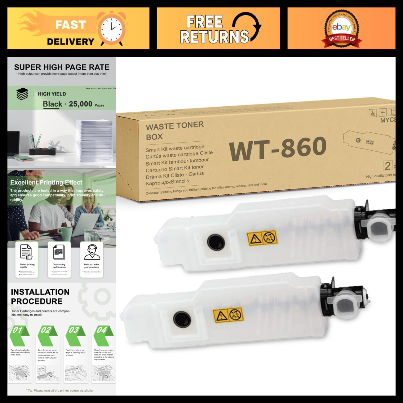 2 Pack Waste Toner Box WT-860 - Replacement Container for Kyocera Printers