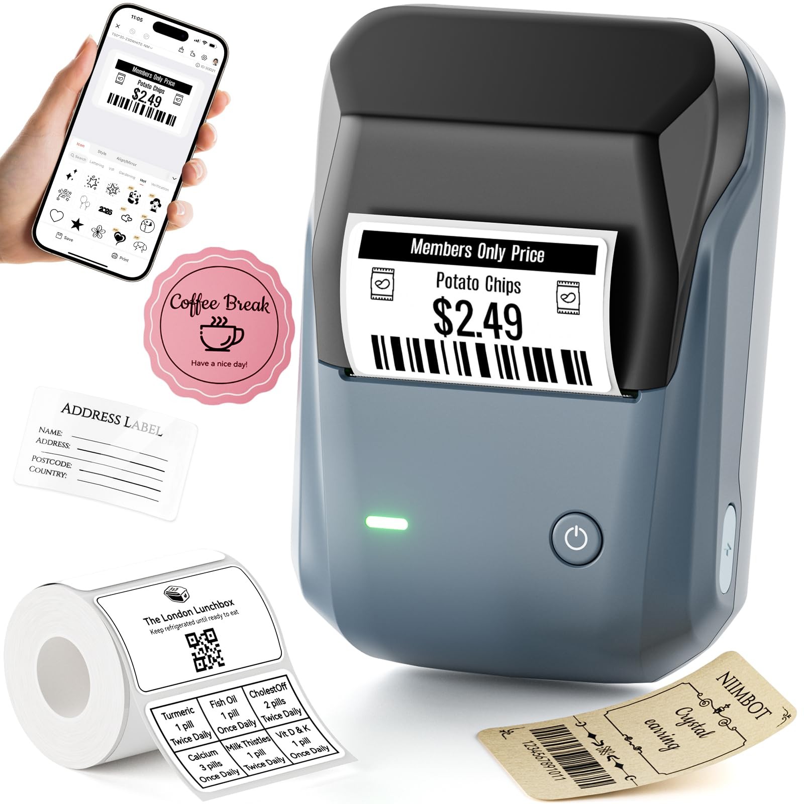 B1 2 Inch Portable Thermal Label Maker with Tape for &PC, Blue