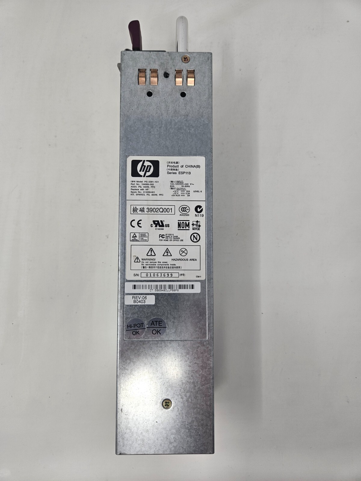 HP Power Supply 400W 194989-002, 313299-001, PS-3381-1C1