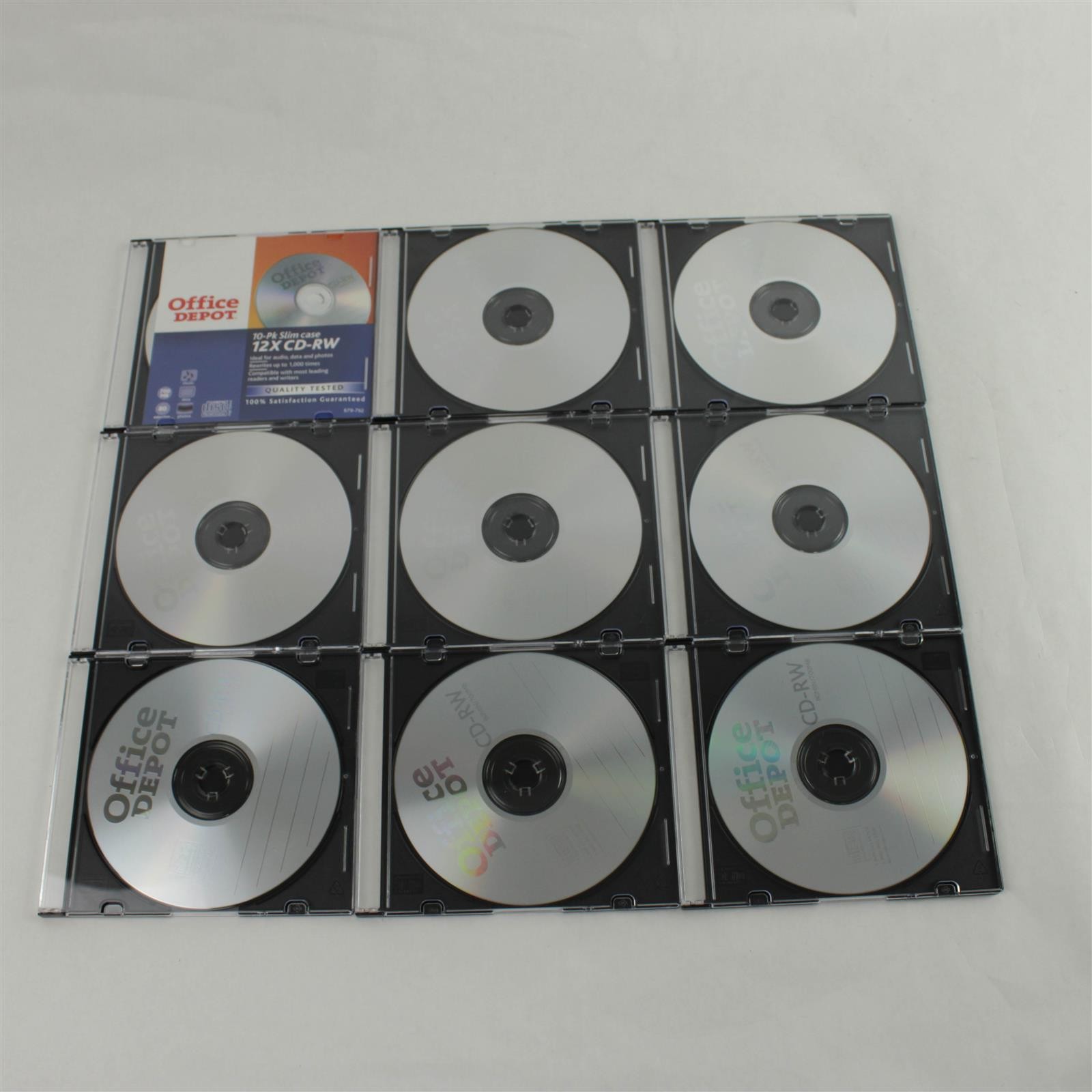 Set of 9 Office Depot CD-RW Discs with Slim Cases 12x New