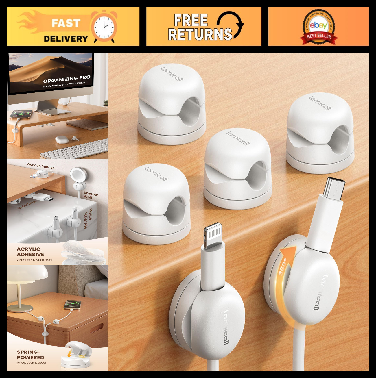 6 Pack Rotatable Cable Organizer Clips | Phone Charger Holder for Desk & Wall, H