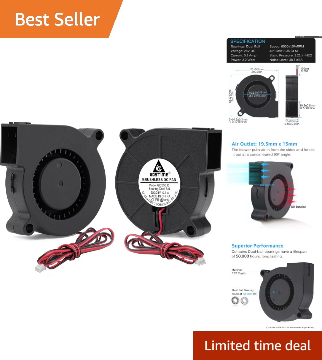 2Pcs 5015 24V Brushless Blower Fans: High Airflow & Quiet 3D Printer Cooling