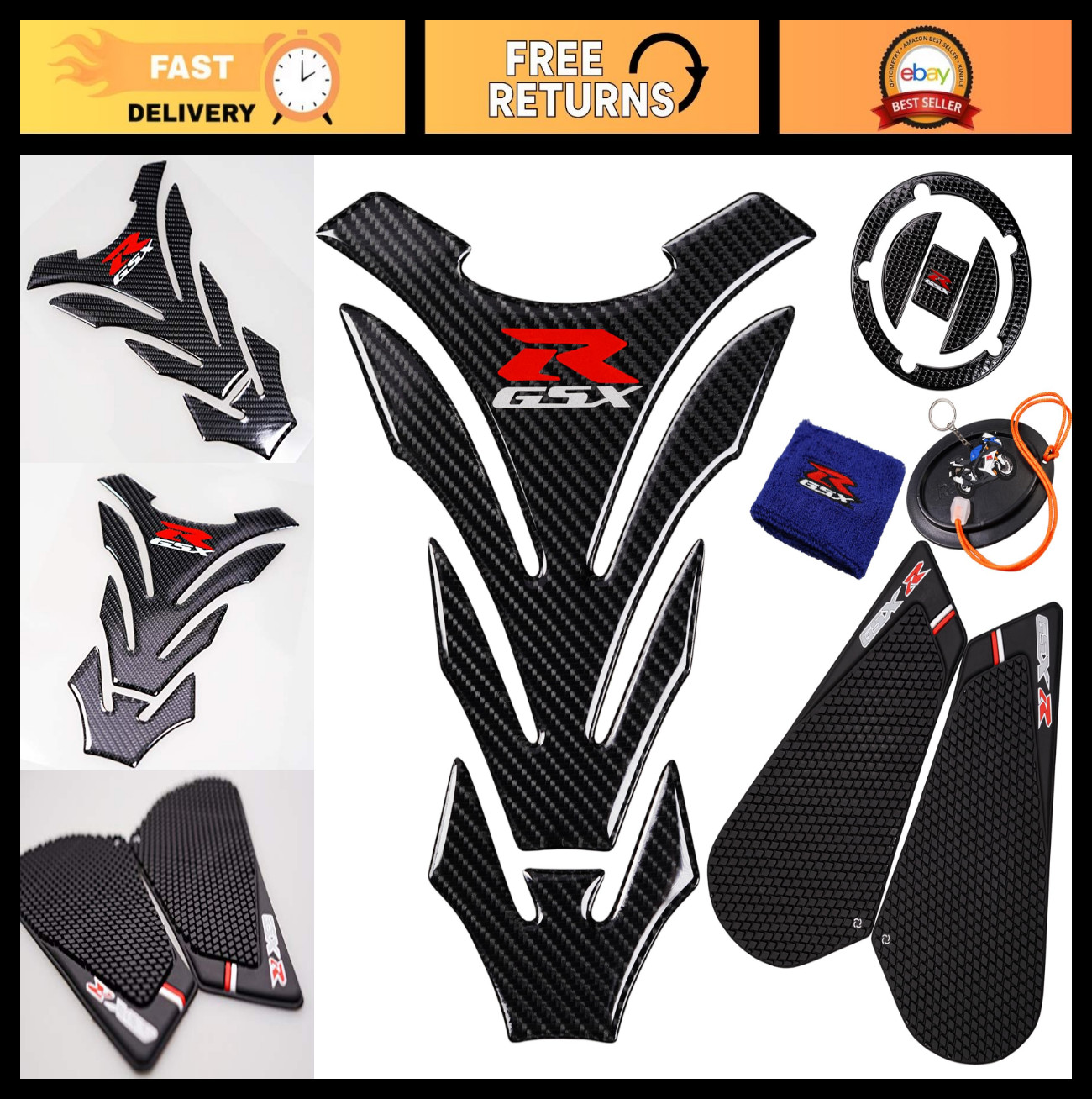 3D Black Rubber Tank Pad Protector, Anti-Slip Traction Sticker for GSXR 600/750