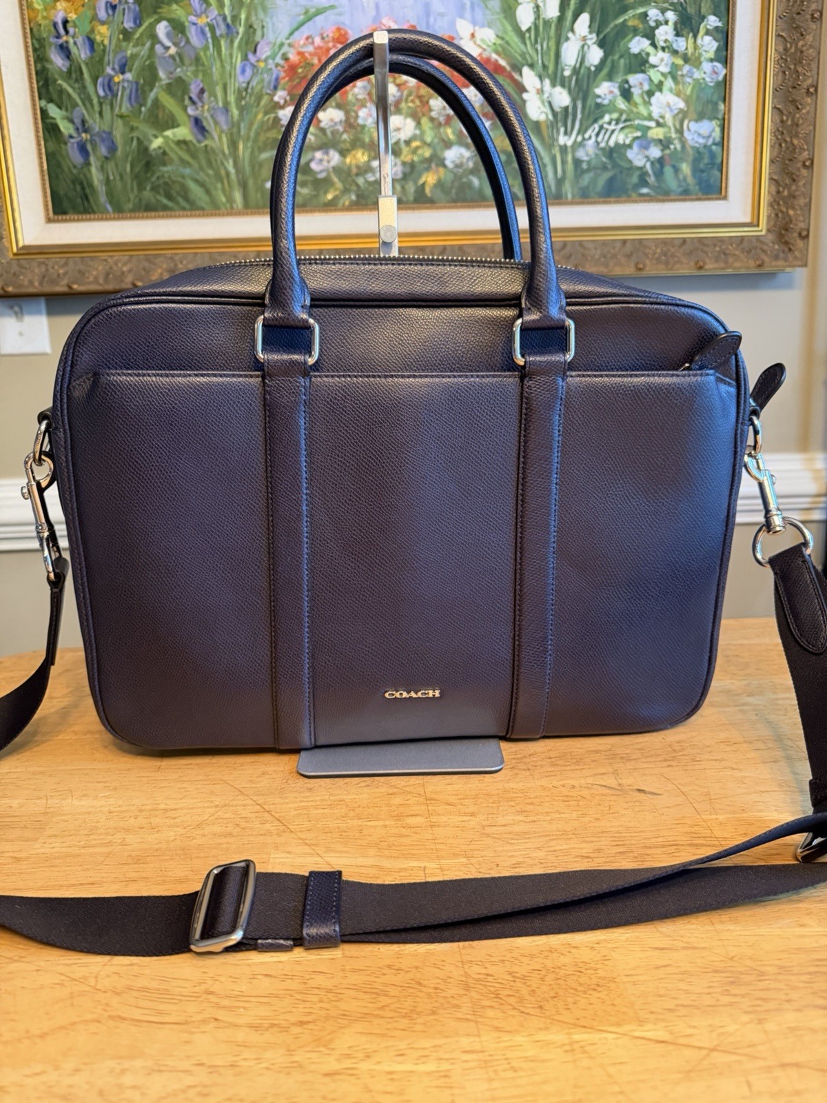 Coach Laptop Bag Briefcase Navy Blue Pebbled Leather W/ Shoulder Strap