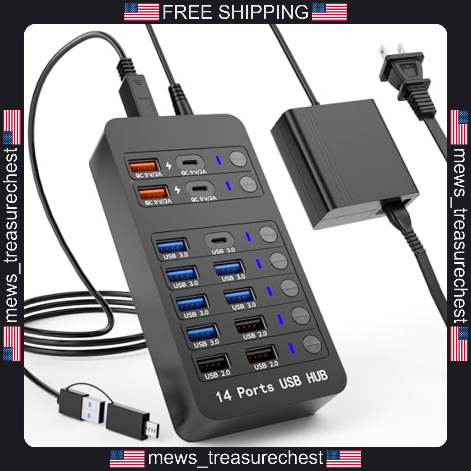 USB Hub 14 Ports with 4 Fast-Charge & 10 Data Ports, Compact Design