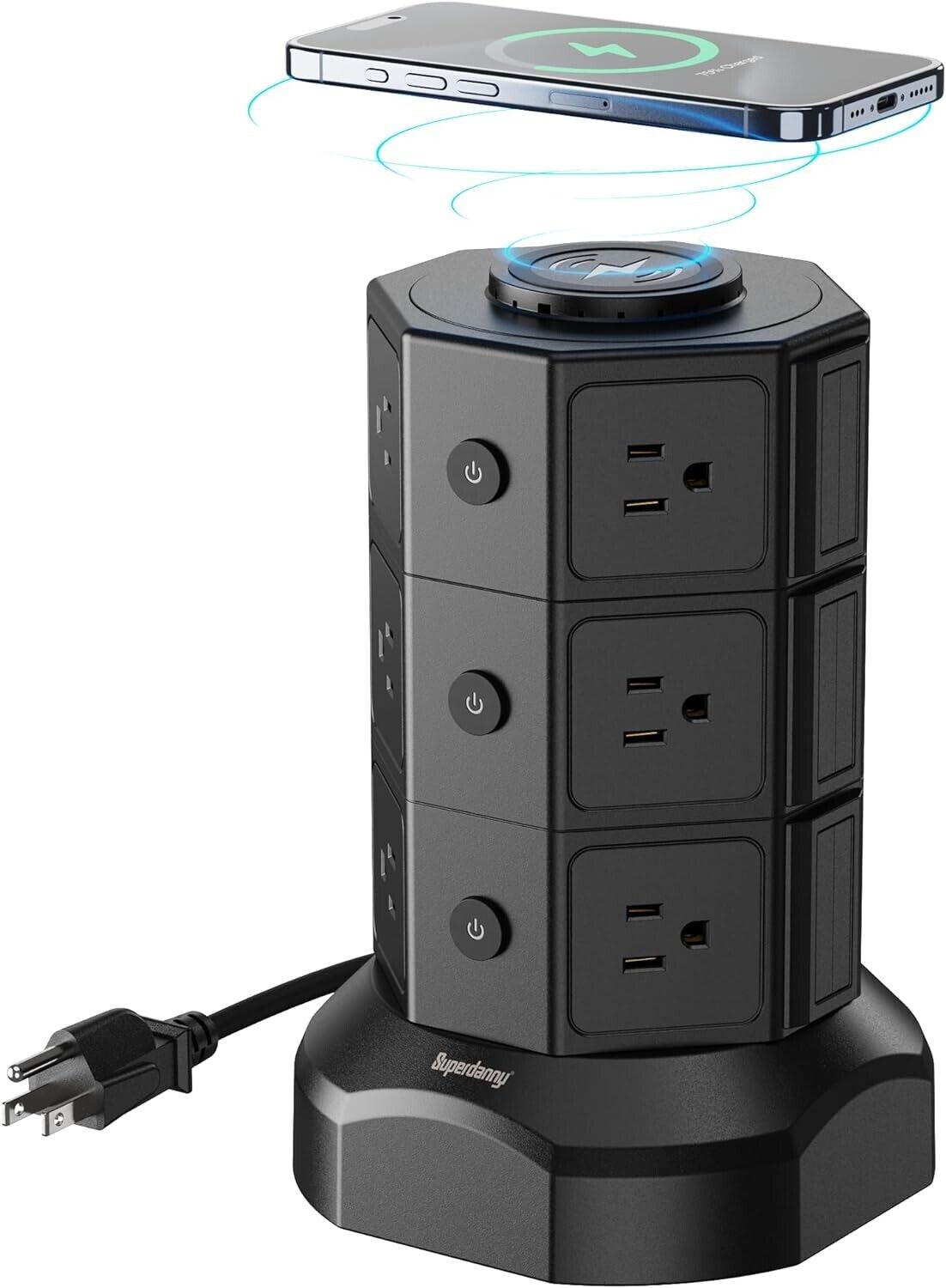 Tower Power Strip with 15W Wireless Charger, SUPERDANNY 1050J Surge Protector