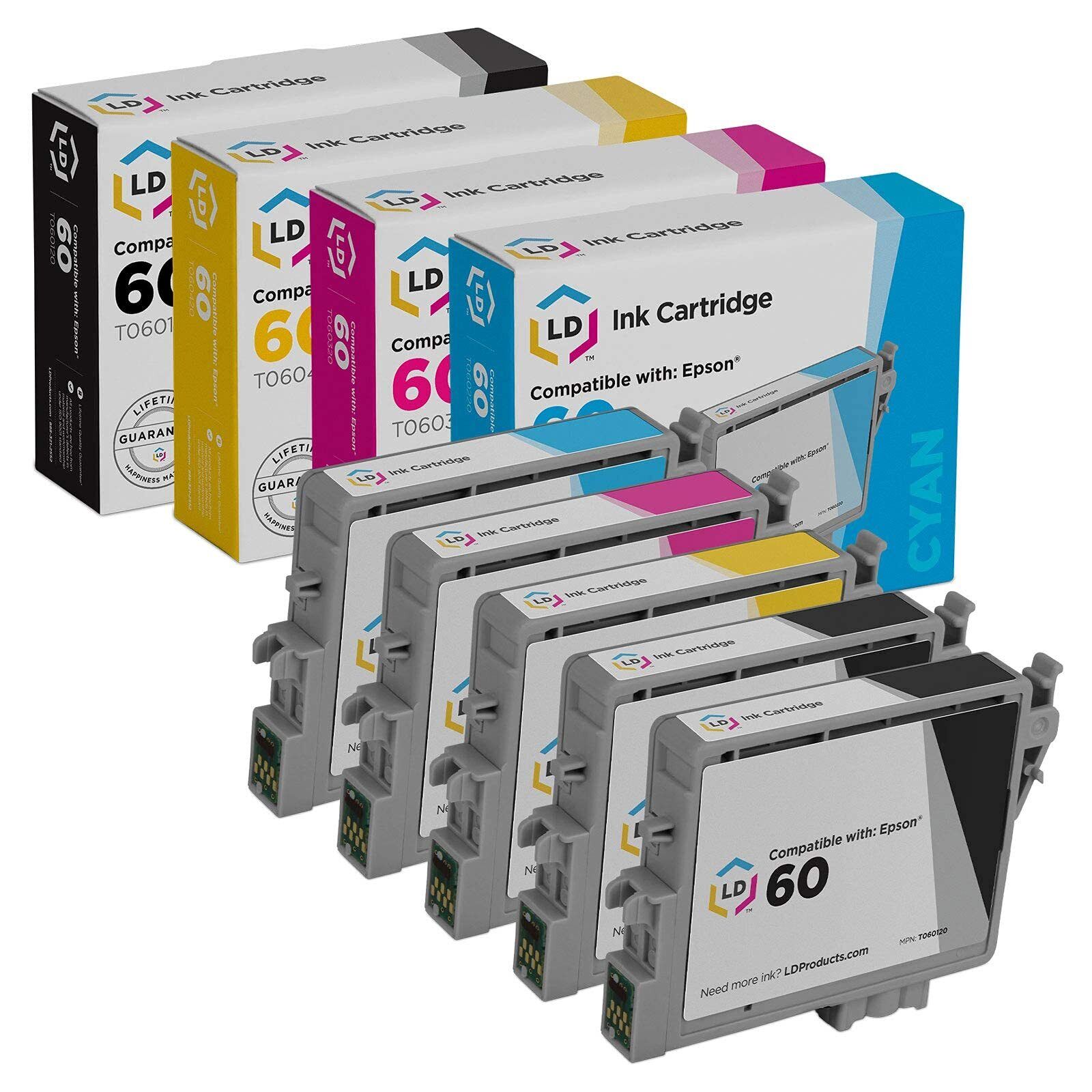 Reman Ink Replacement for Epson 60 T060 (2 Blk, 1 C, 1 M, 1 Y, 5-Pk)