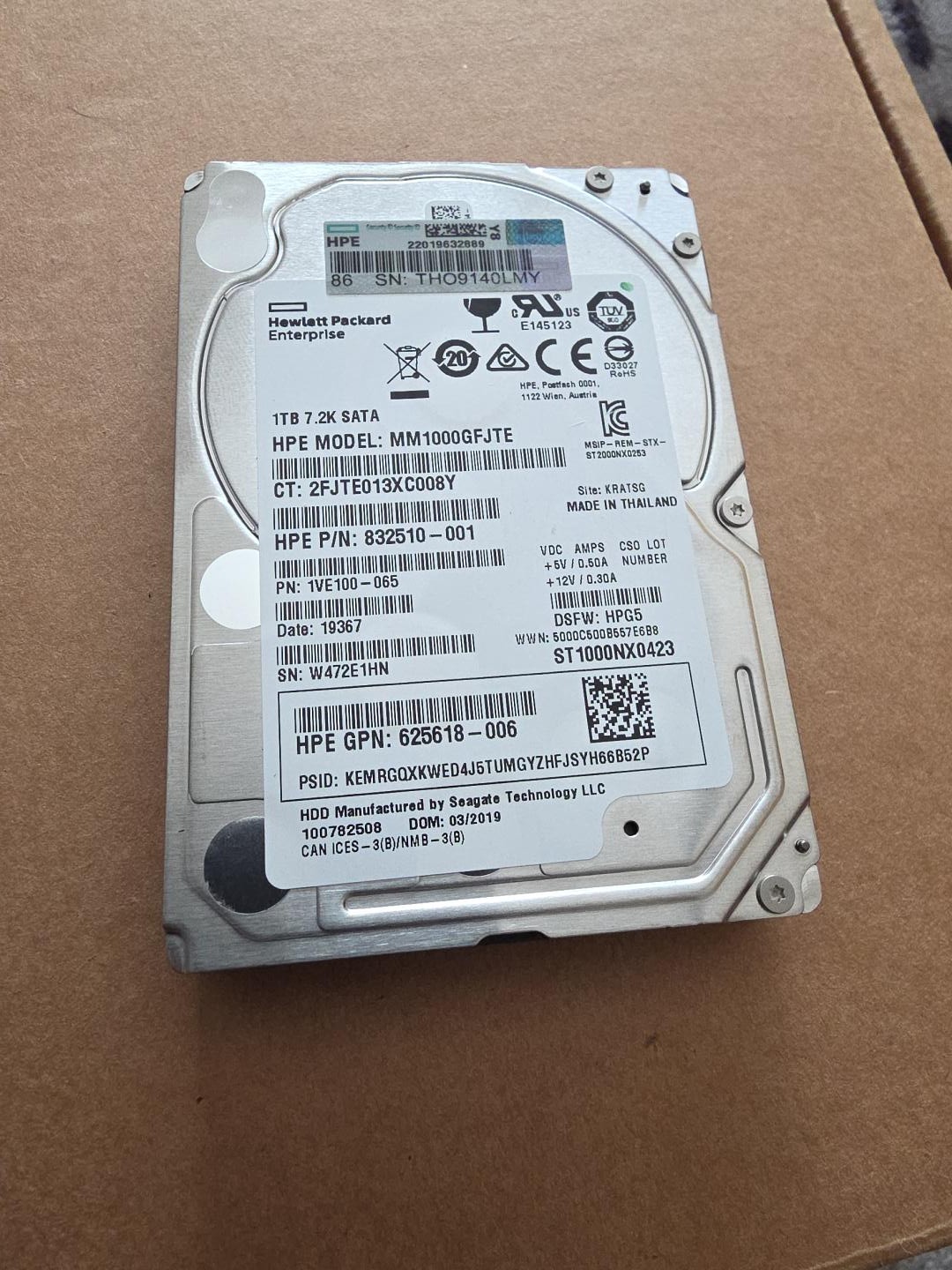 HPE 1TB 2.5" SATA 7.2K HDD 832510-001 Seagate ST1000NX0423 100% Health
