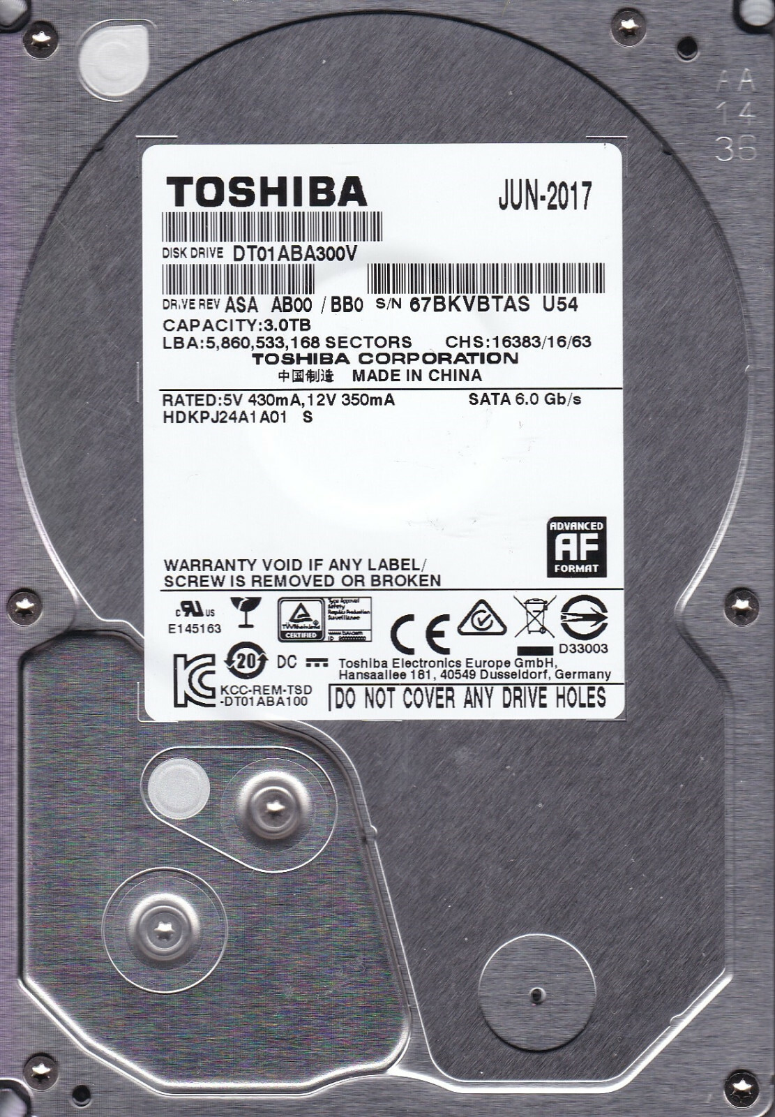 Toshiba DT01ABA300V ASA AB00/BB0 HDKPJ24A1A01 S China Jun 2017 3TB B5-1