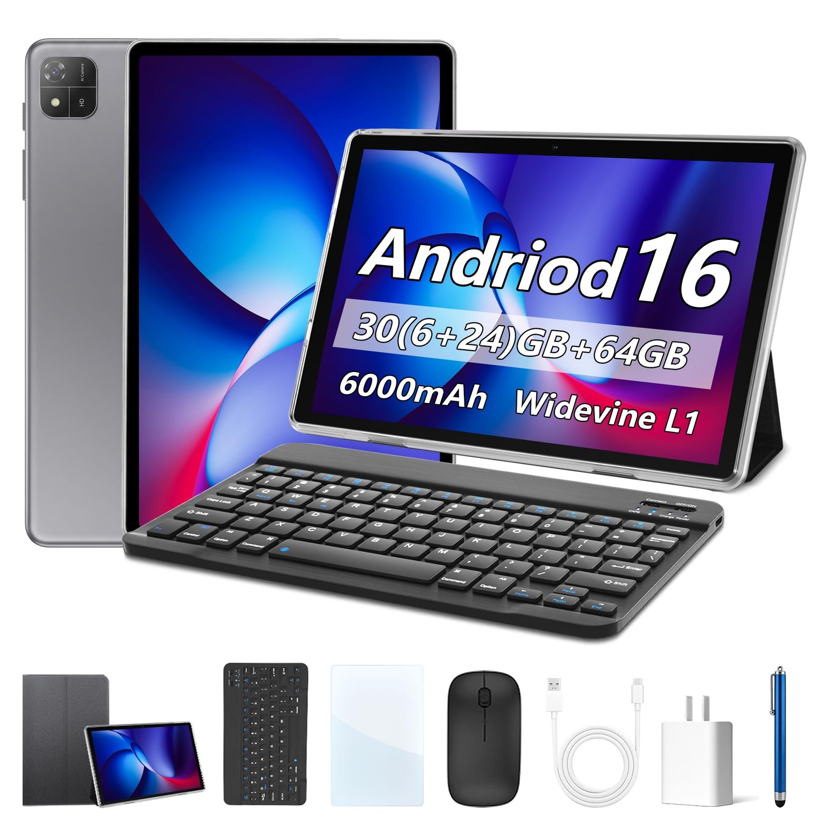 NextCheer 10.1" Android 16 Tablet with Keyboard, 30GB +64GB, 2-in-1 Tablet
