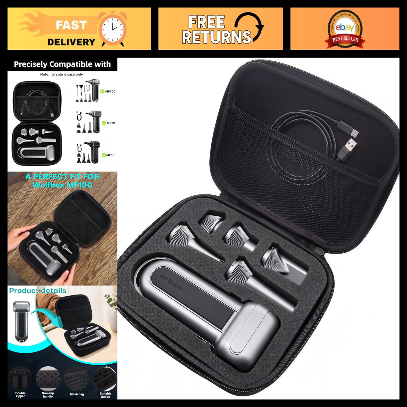 Hard Case for Electric Air Duster with Custom Sponge Insert & 5 Nozzles - Black