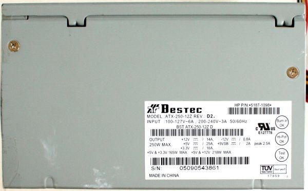 Bestec atx-250-12z rev.d2 250w pwr supply, hp p/n: 5187-1098