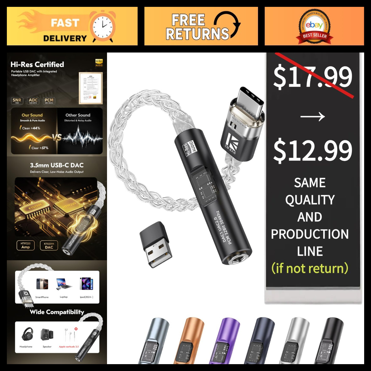 USB C DAC Audio Adapter with Headphone Amplifier - Hi-Res Sound, Portable, 2026