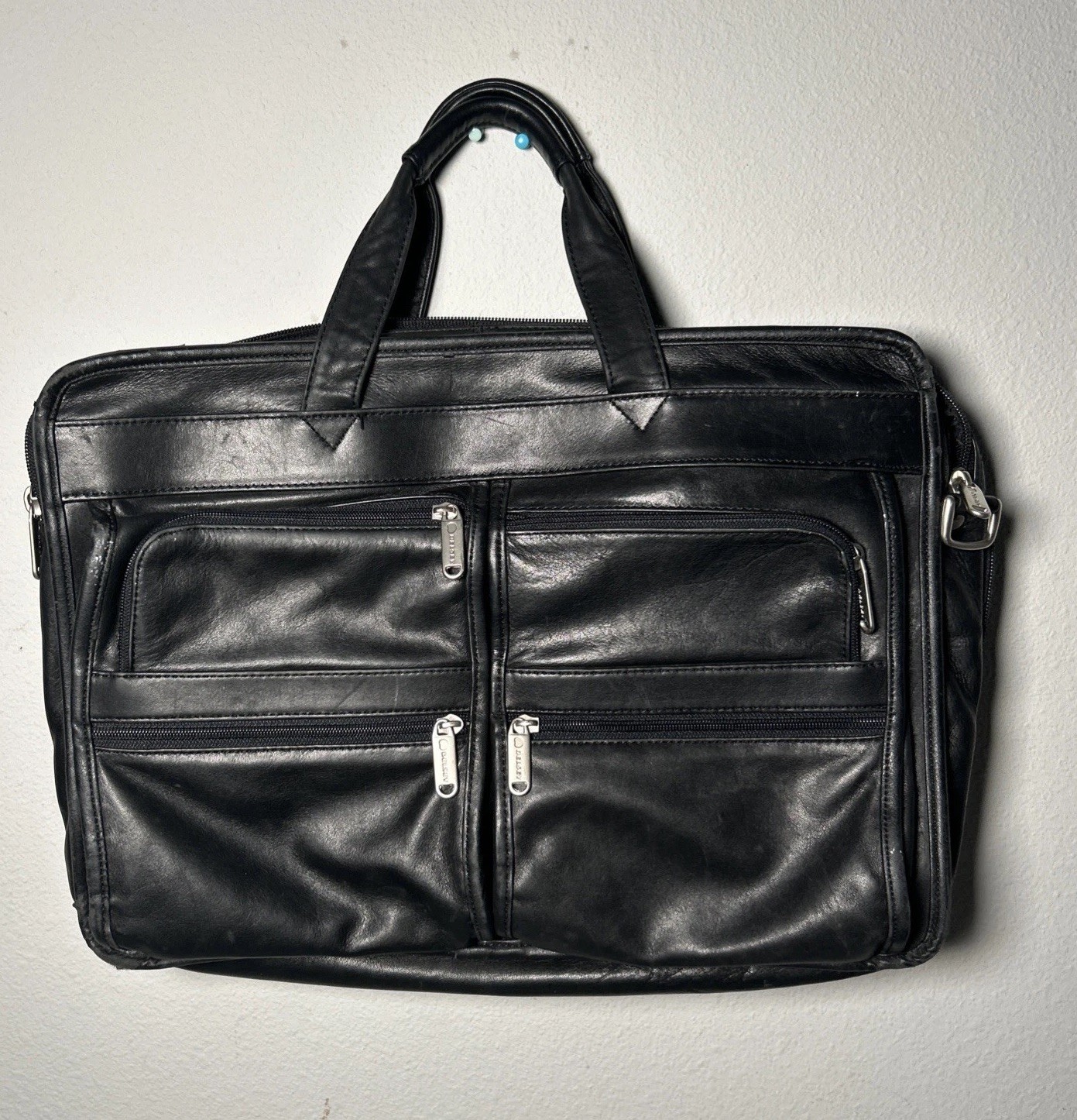 Delsey Black leather Travel Laptop Bag Multiple Compartments Silver Zippers 