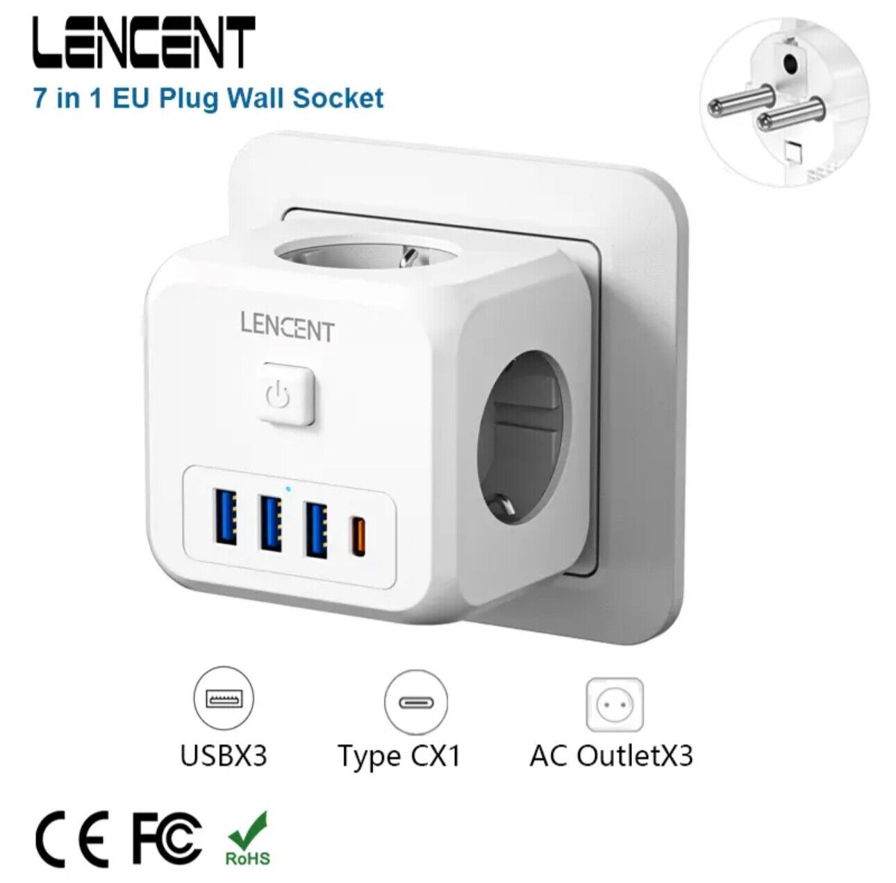 LENCENT EU Plug Power Strip with  3 AC Outlets +3 USB Charging Ports+ 1 Type C 5