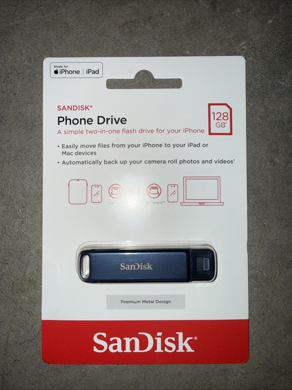 SanDisk . Phone Drive 128GB Dual USB Type-C & Lightning Premium Metal Blue