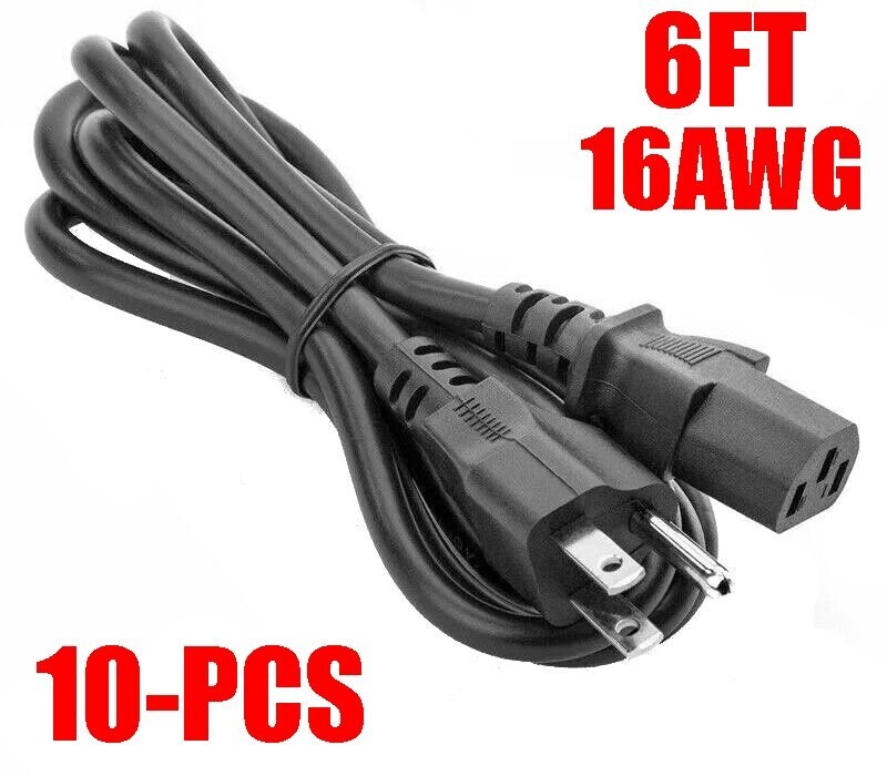 10 Pack 6Ft 16AWG Heavy Duty 5-15P to C13 TV Monitor Computer Power Cord Cable