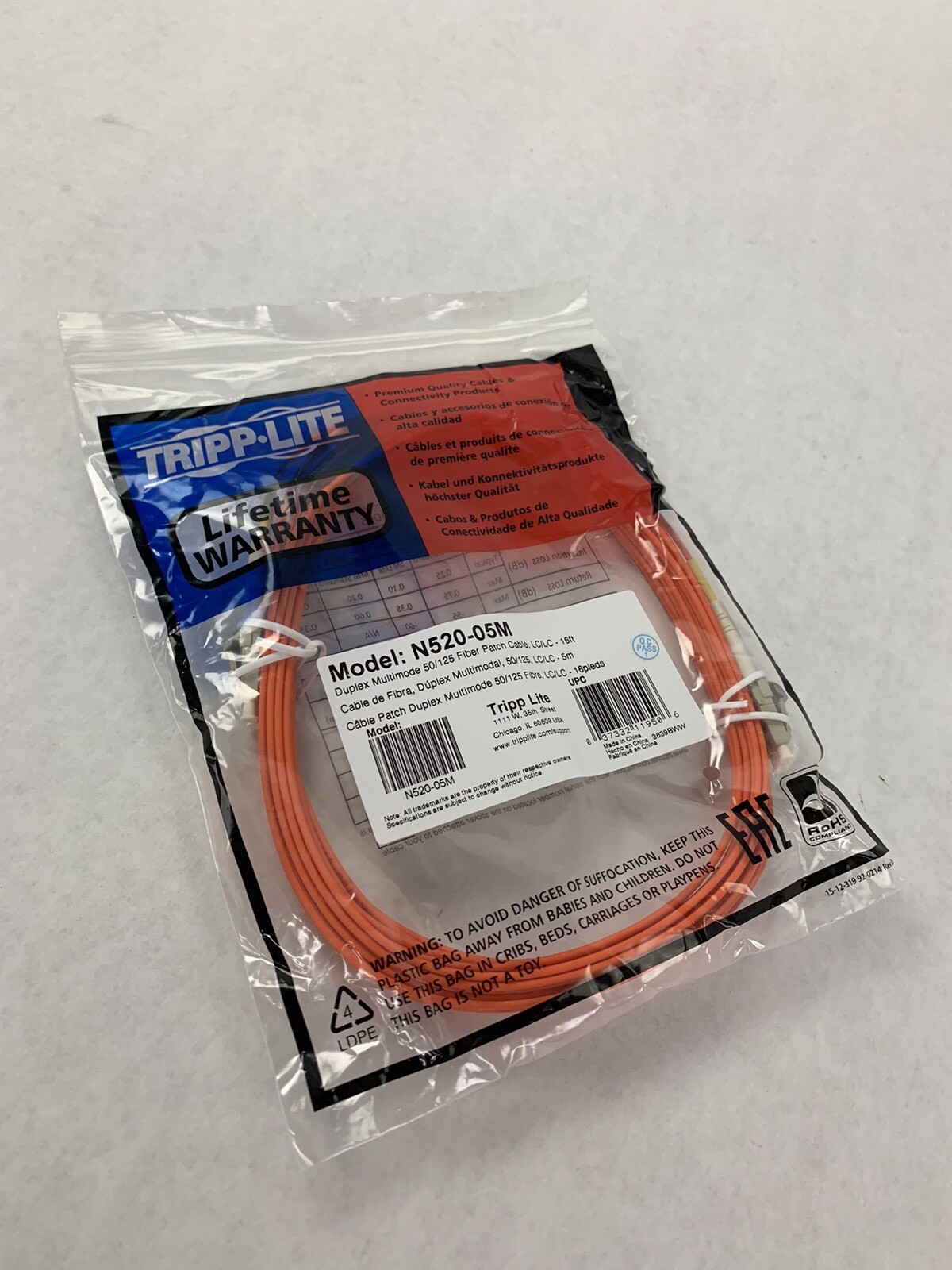 Tripp Lite N520-05M 5m Fiber Optic LC Male to Male Patch Cable - Sealed