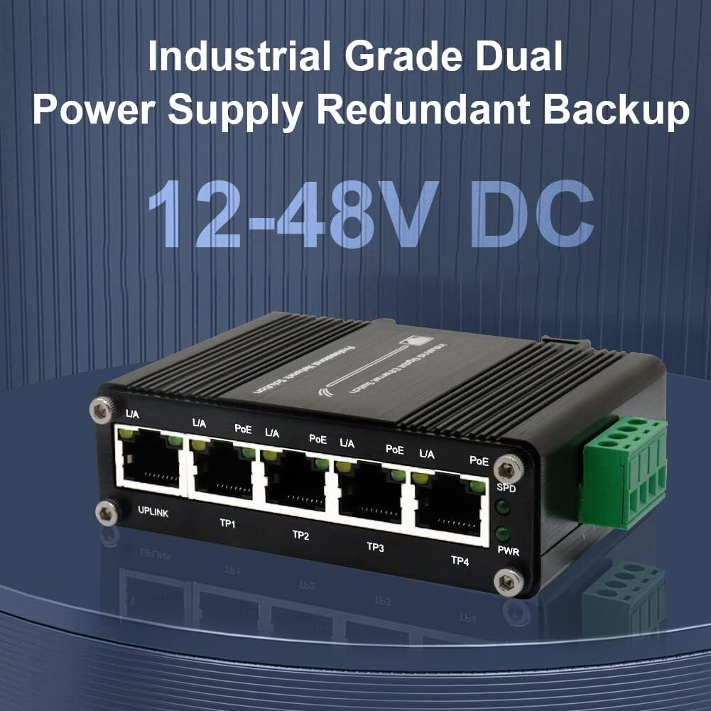 Industrial Switch - 4 Port Gigabit PoE+ RJ45 + 1 Port Gigabit RJ45, 12~48VDC