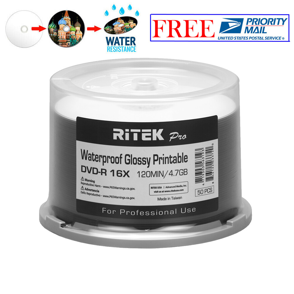 50 Ritek Pro DVD-R 16X 4.7GB Water Resistant Glossy White Inkjet Printable Disc