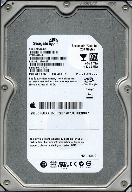 Seagate ST3250820AS MAC 655-1357A P/N: 9BJ13E-046 F/W: 3.BQE TK