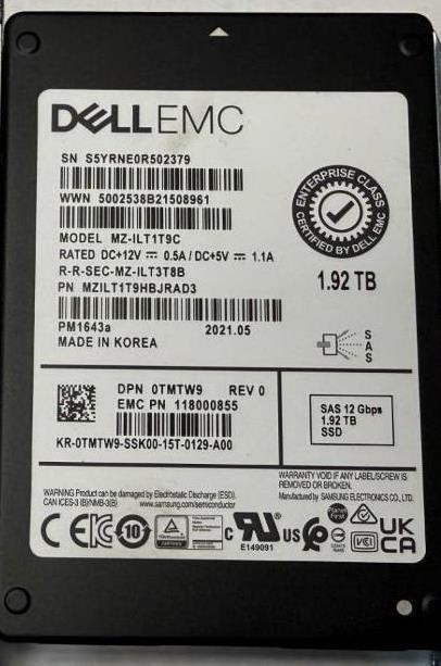 AS-IS Dell Samsung PM1643a 1.92TB 2.5" 12Gb/s SAS SSD MZ-ILT1T9C Dell PN: TMTW9