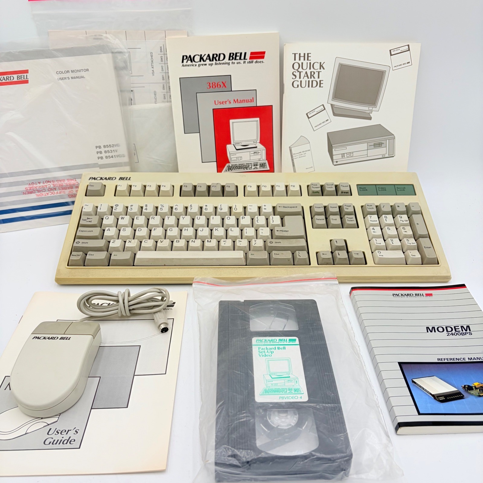 Packard Bell 386X Keyboard Mouse Manuals PBVIDEO4 VHS Vintage PC Lot