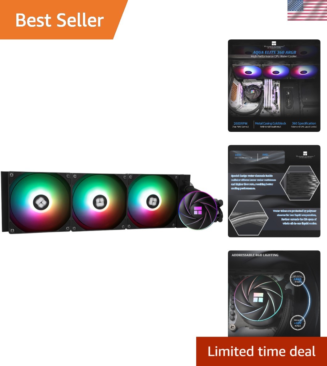 Versatile Aqua Elite 360 ARGB Cooler for Gaming PCs - 1550RPM with RGB Lights