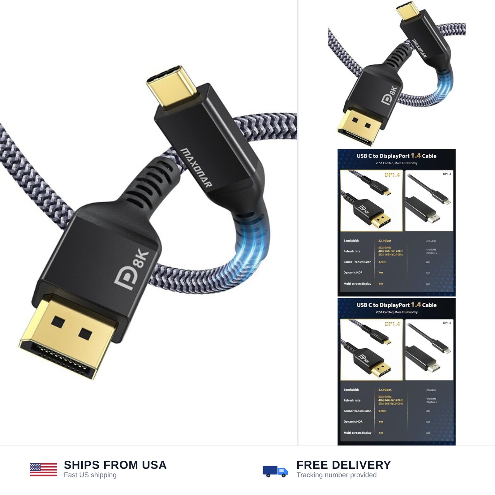Maxonar VESA Certified USB C to DisplayPort 1.4, 8K 60Hz Thunderbolt 4/3 /USB...