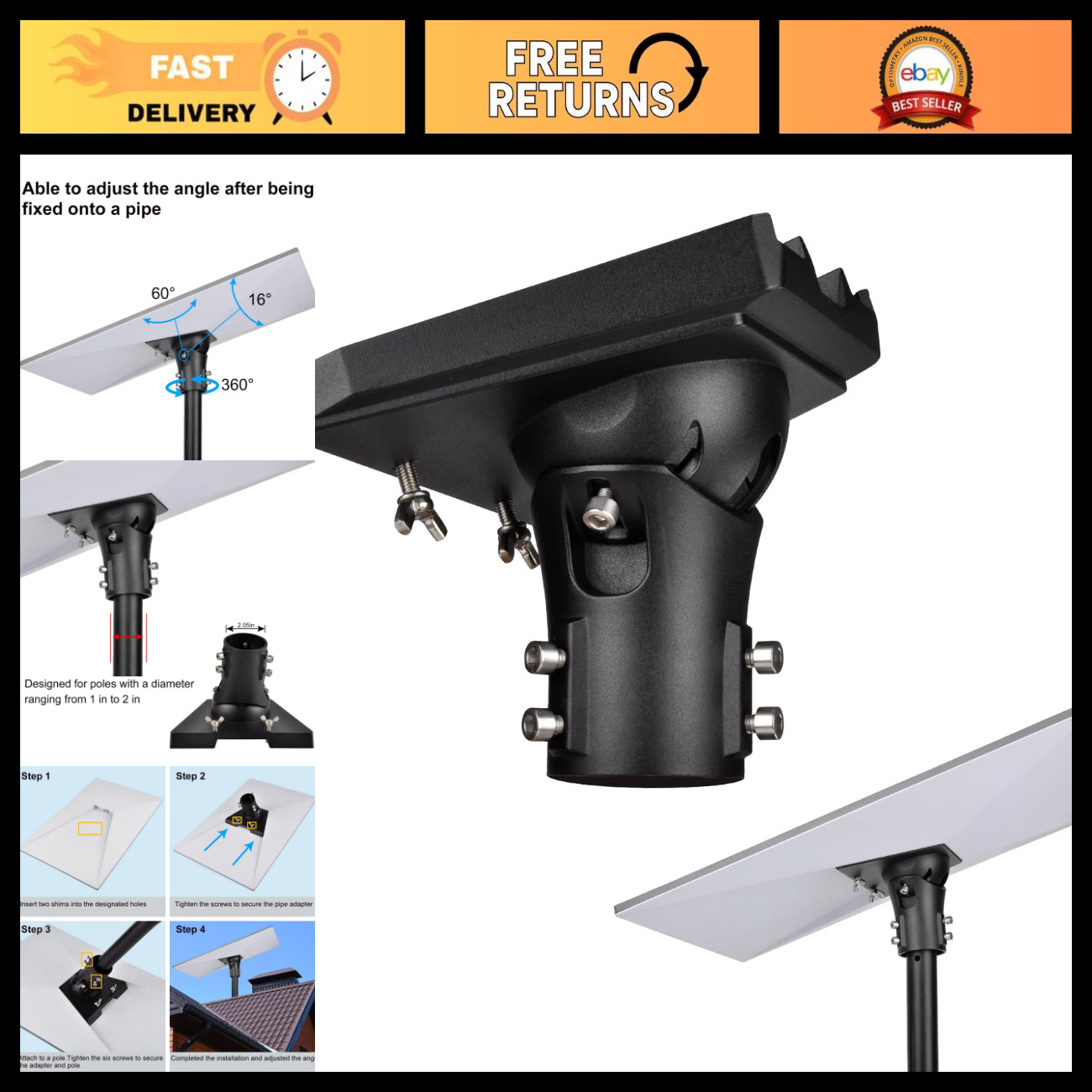Adjustable Pipe Adapter for Starlink Gen 3, Standard 4/4X Dish - Black, Durable