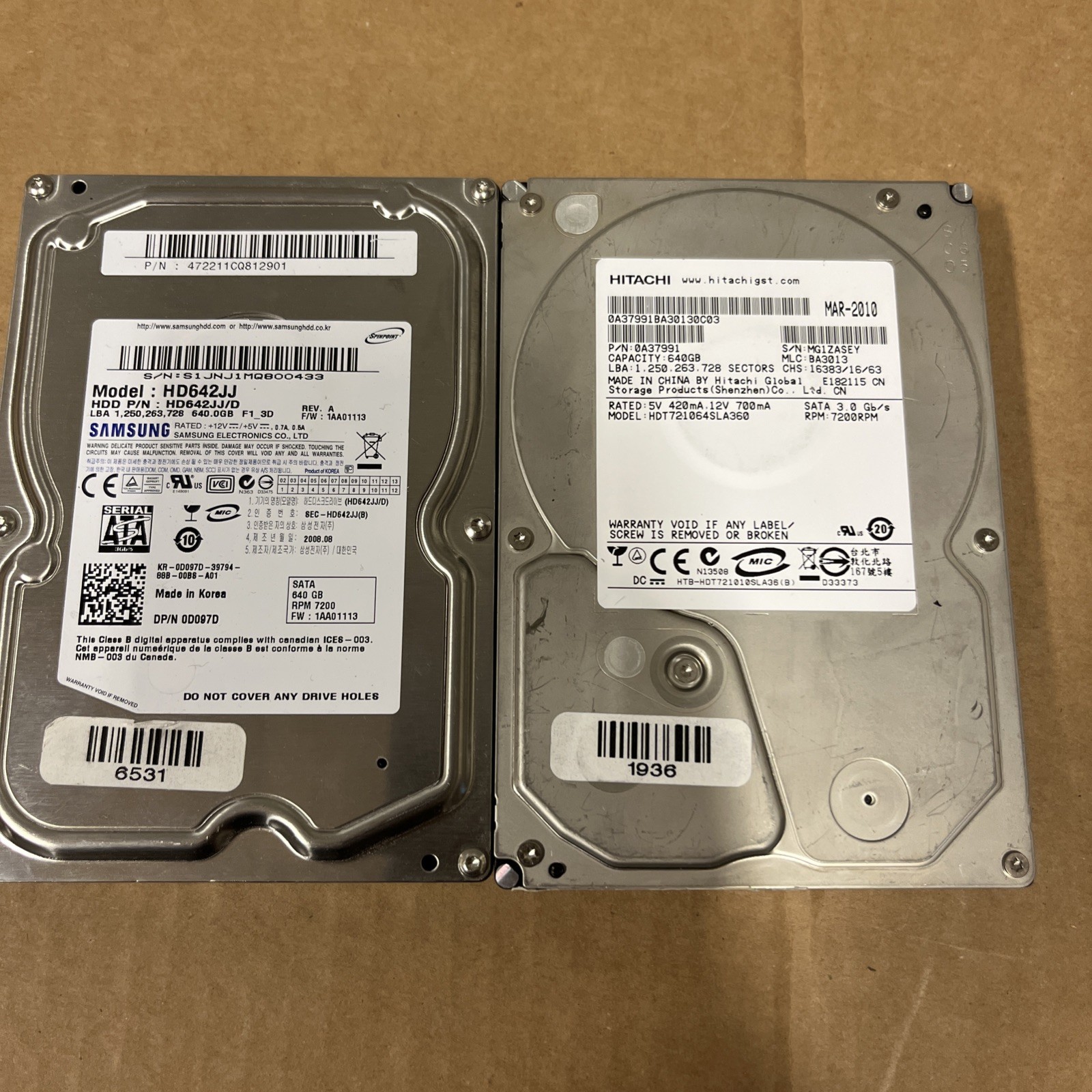 LOT of (2) 640GB 3.5" Desktop HDD - Samsung HD642JJ & Hitachi HDT721064SLA360