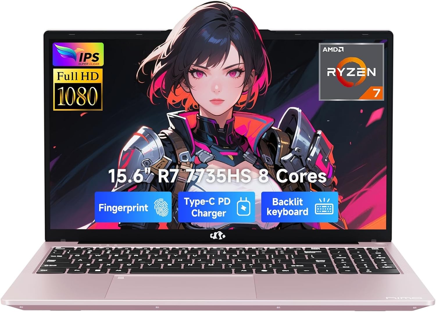 NIMO 15.6" IPS FHD Light Gaming-Laptop, AMD 8 Core R7 7735HS 16GB DDR5 RAM 512GB