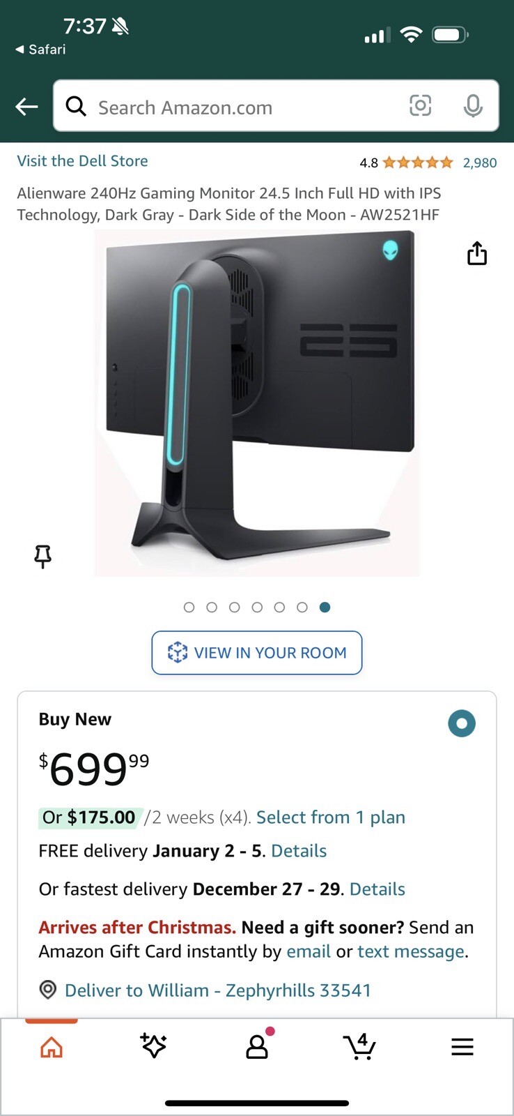 Alienware 25" IPS LED Monitor - Dark Side of the Moon (AW2521HF)