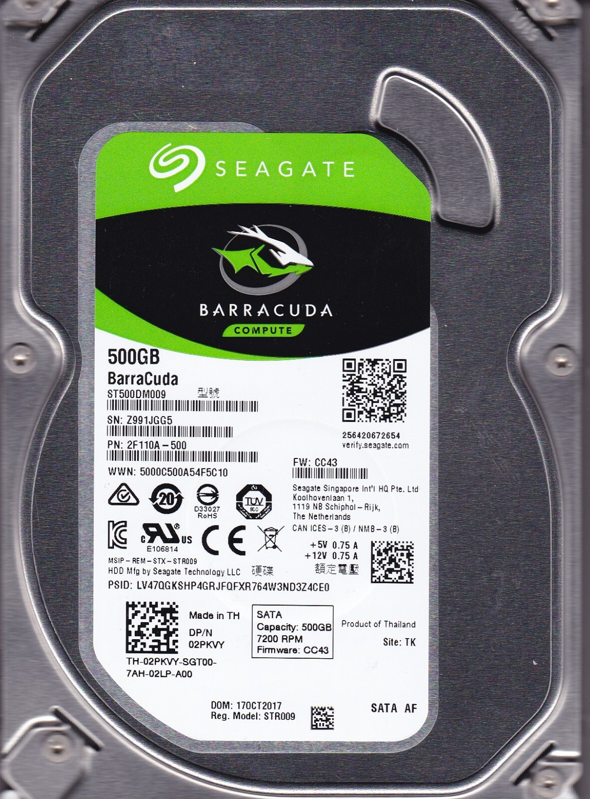 ST500DM009 pn: 2F110A-500 s/n: Z99 fw: CC43 OCT/ 2017 500GB SATA 3.5" SEAGATE