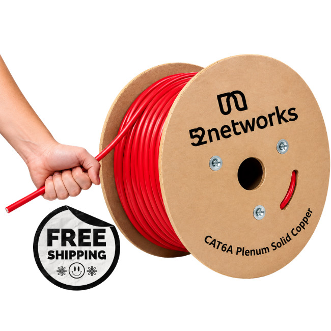 52networks Cat6A Plenum Solid Copper 1000ft 23AWG 750MHz 10Gbps UTP Cable Red