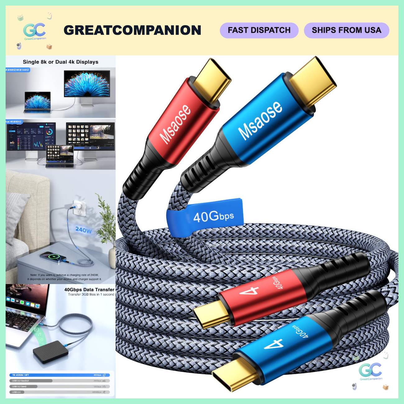 2 Pack 3.3FT Braided Thunderbolt 4 Cable, 40Gbps, 240W PD, 8K/4K Dual Display