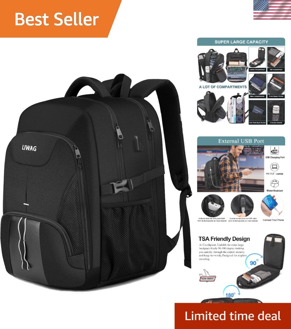 Stylish 50L Black Laptop Backpack with 20 Pockets and USB Charging Option